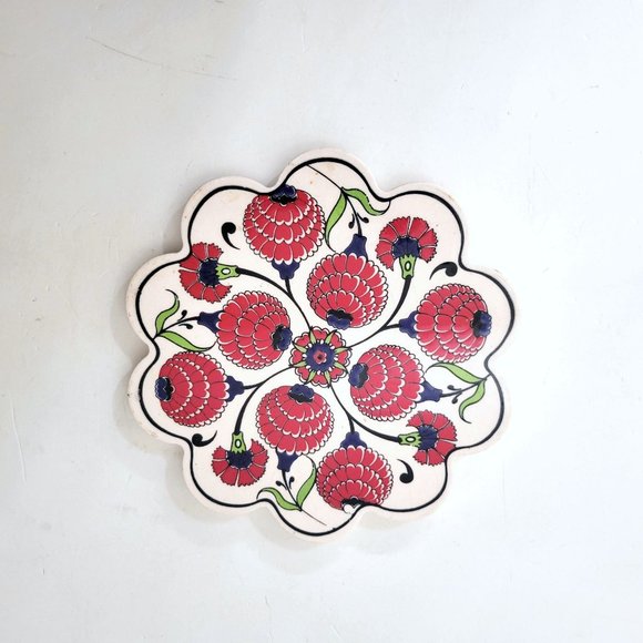 Pottery Floral Trivet Red Flowers - Picture 4 of 4